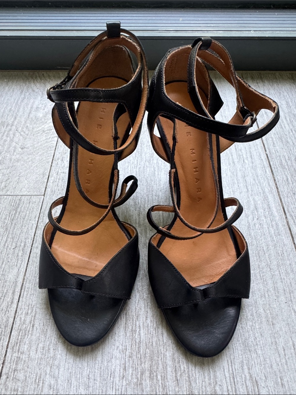 Chie Mihara Black Leather Strappy High Heel Sandals size 6.5